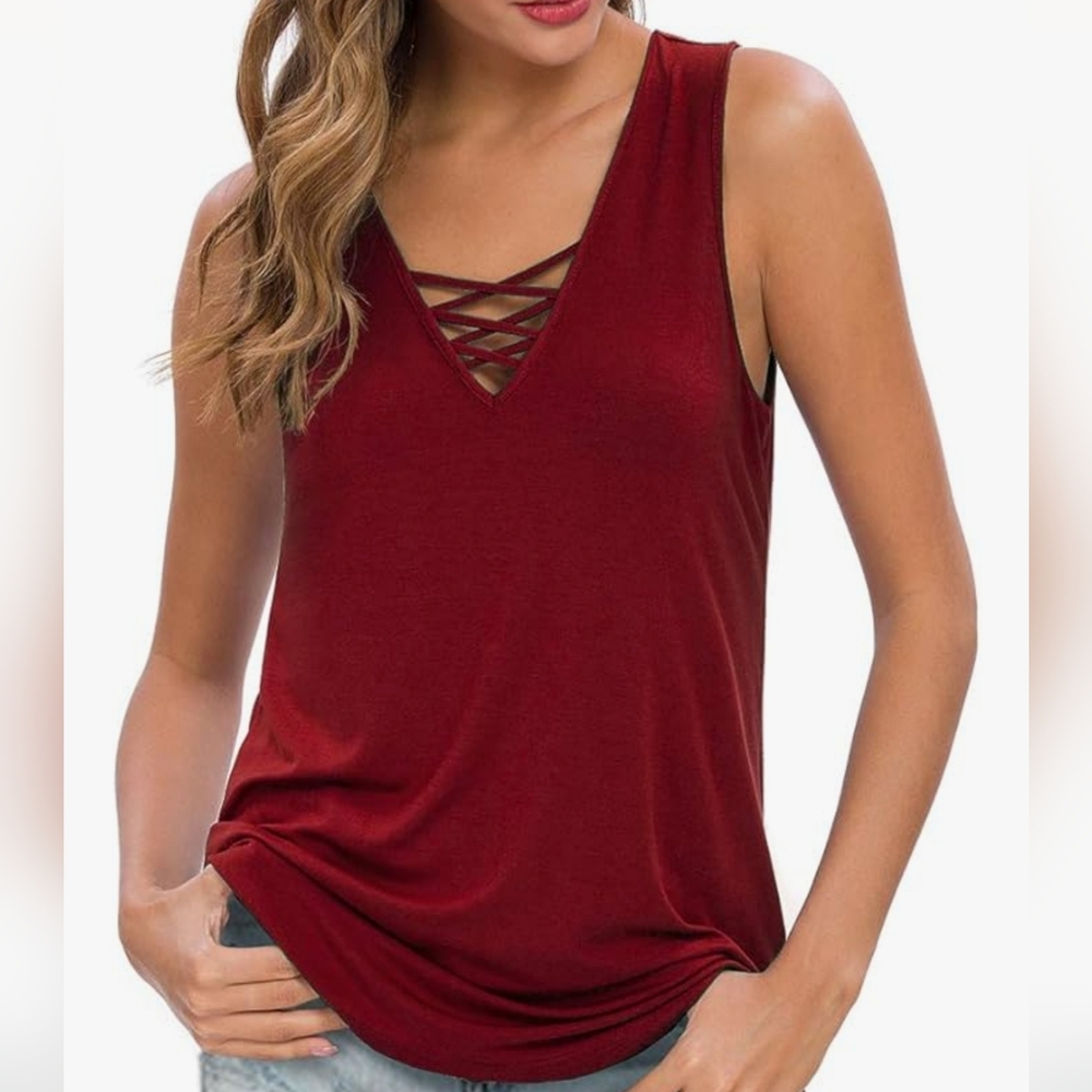 Feiersi Womens Sleeveless Crisscross V-Neck Wine Tank Top Medium